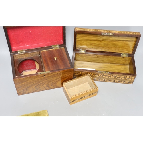 342 - A selection of three Tunbridge ware boxes, to include a rosewood tea caddy, an unusual olivewood fal... 