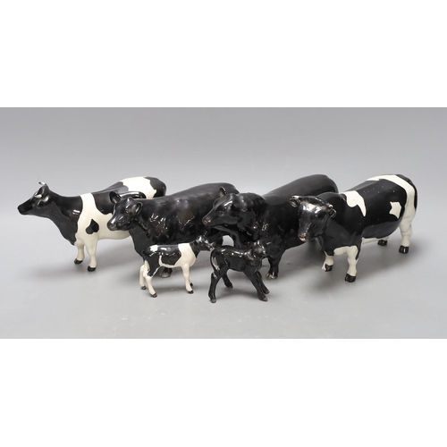 345 - A Beswick Aberdeen Angus bull, cow and calf, together with a Godington Hilt Bar bull, cow and calf,... 