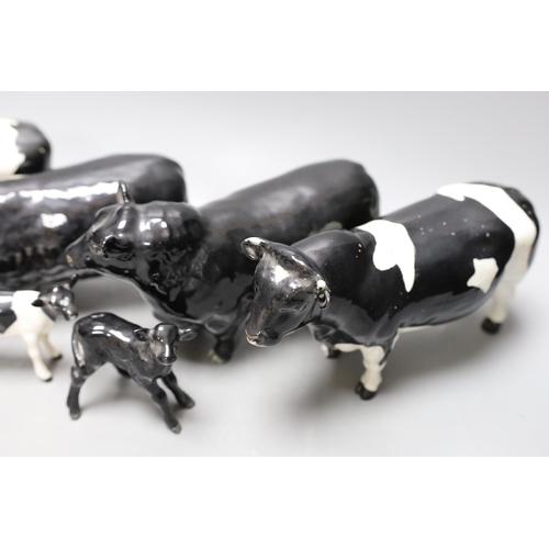 345 - A Beswick Aberdeen Angus bull, cow and calf, together with a Godington Hilt Bar bull, cow and calf,... 