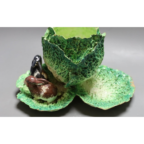 355 - An unusual French earthenware rabbit and cabbage centrepiece. 16.5cm tall