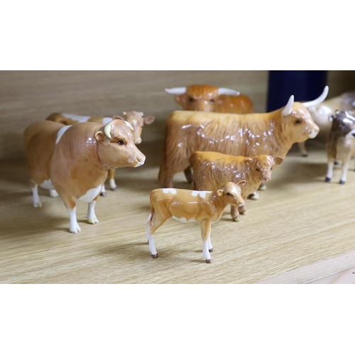 358 - A Beswick Highland bull, cow and calf, a similar Freisian bull, cow and calf and a Dulsby Coy Boy, b... 