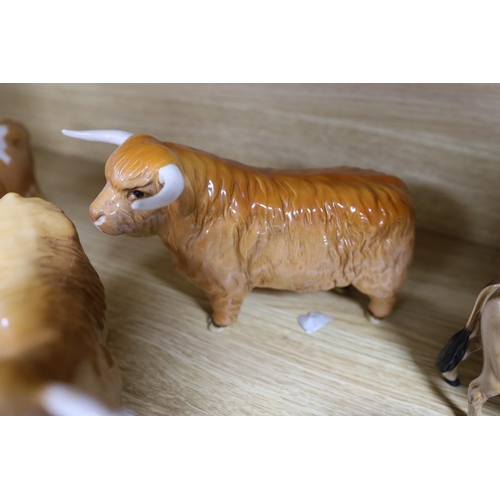 358 - A Beswick Highland bull, cow and calf, a similar Freisian bull, cow and calf and a Dulsby Coy Boy, b... 