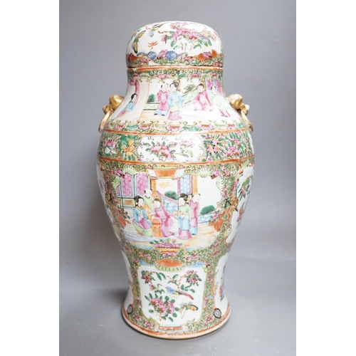 377 - A 19th century Cantonese famille rose baluster vase and cover, the latter lacking a knop finial, 38c... 