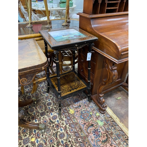 38 - A 19th century French marquetry inlaid tiled top occasional table, painted with a storm shipping sce... 