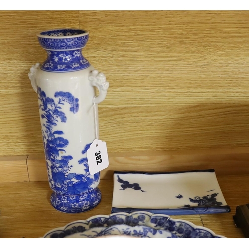 382 - A collection of mostly Japanese blue and white ceramics, late 19th/early 20th century, including a S... 