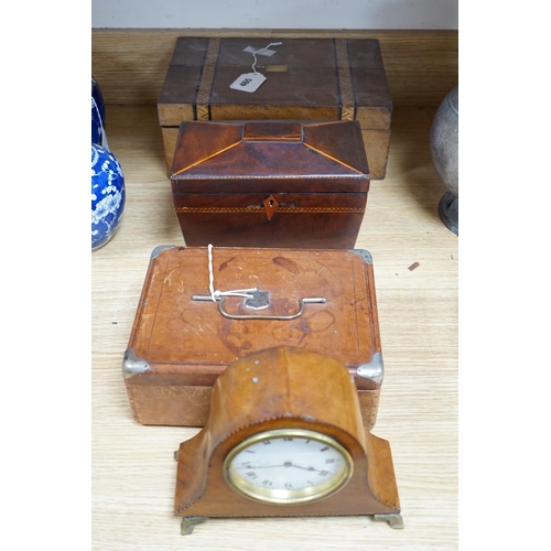 390 - A 19th century mahogany tea caddy, writing slope, leather box and mantel clock, largest 30cm wide... 