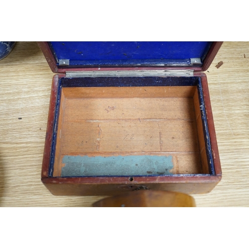 390 - A 19th century mahogany tea caddy, writing slope, leather box and mantel clock, largest 30cm wide... 