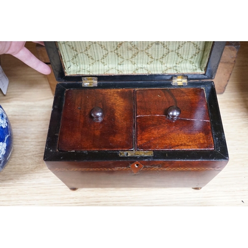 390 - A 19th century mahogany tea caddy, writing slope, leather box and mantel clock, largest 30cm wide... 