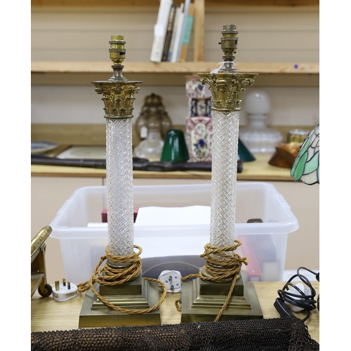 396 - A pair of brass and glass Corinthian column table lamps, 57cm total height