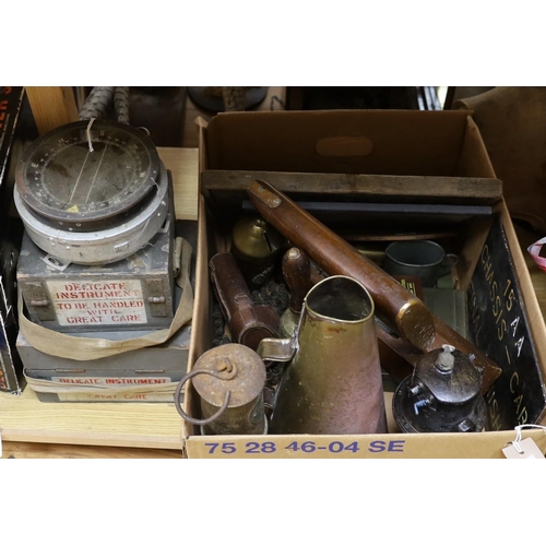 411 - World War Two accessories to include an ARP hand-bell, three compasses and a brass loud-haler