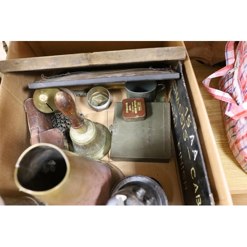 411 - World War Two accessories to include an ARP hand-bell, three compasses and a brass loud-haler