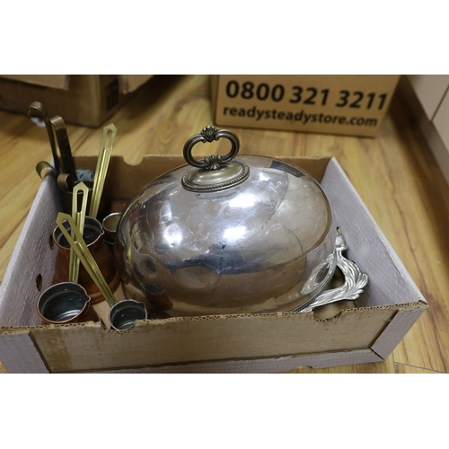 414 - A silver plated meat dome, brass and copper measures, ship in a bottle, mixed collectables