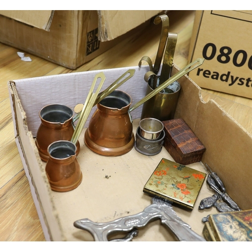 414 - A silver plated meat dome, brass and copper measures, ship in a bottle, mixed collectables