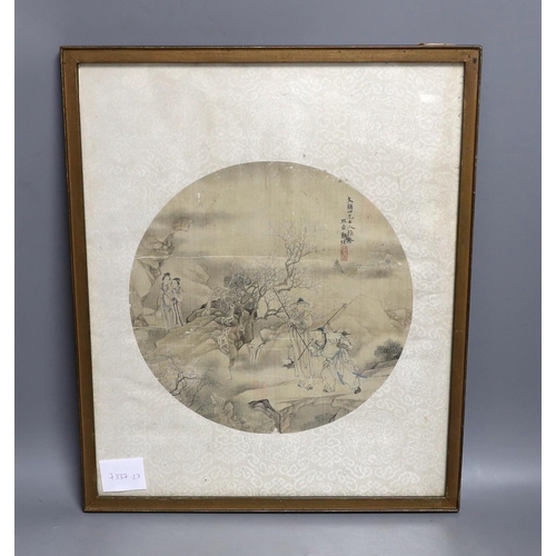 431 - A 19th century Chinese painted silk circular rigid fan leaf, inscribed, 24.5cm diameter