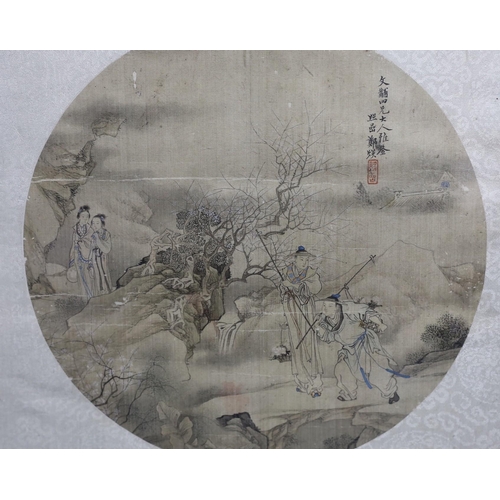 431 - A 19th century Chinese painted silk circular rigid fan leaf, inscribed, 24.5cm diameter