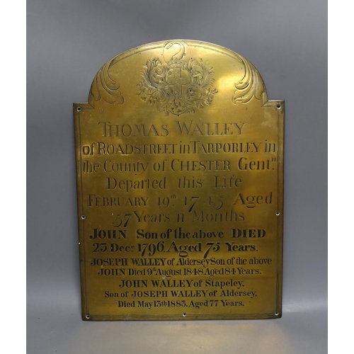 436 - A 19th century engraved brass commemorative plaque to Thomas Walley and sons c.1883, 42.5 cm high... 