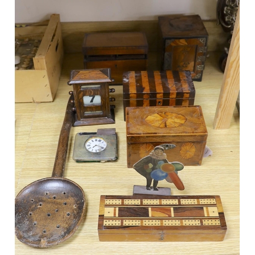 438 - Three 19th century inlaid mahogany tea caddies, a Hakone ware cabinet and assorted treen etc.