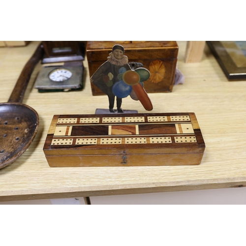 438 - Three 19th century inlaid mahogany tea caddies, a Hakone ware cabinet and assorted treen etc.