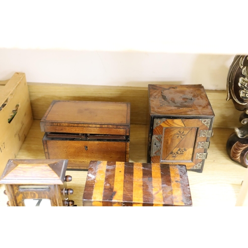 438 - Three 19th century inlaid mahogany tea caddies, a Hakone ware cabinet and assorted treen etc.