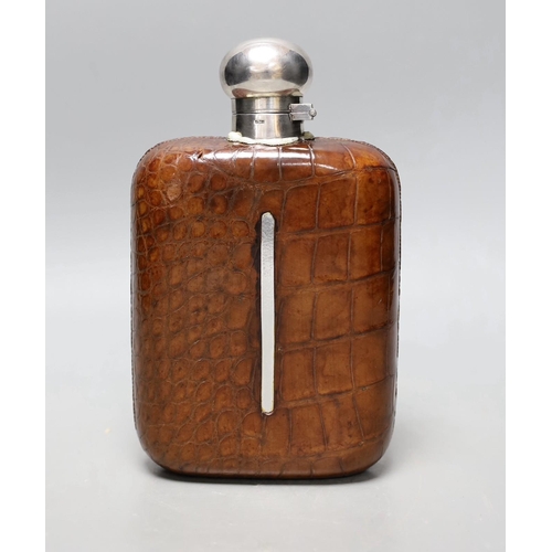 453 - James Dixon & Sons silver plate - mounted and crocodile skin hip flask (a.f.)