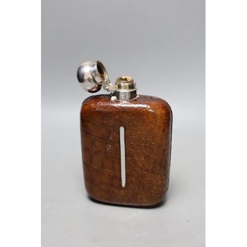 453 - James Dixon & Sons silver plate - mounted and crocodile skin hip flask (a.f.)