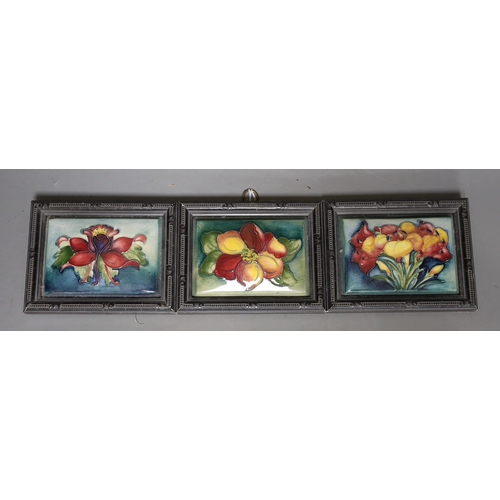 462 - Three Moorcroft flower decorated plaques, impressed marks verso. 11.5 x 14cm