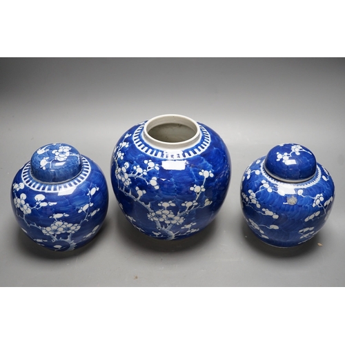 464 - Three late 19th/early 20th century Chinese blue and white prunus jars, two covers. Tallest 16cm... 