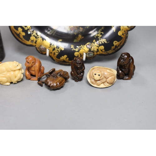 468 - A Chinese soapstone brush pot and a group of netsuke and a papier mache dish, 26cms diameter,