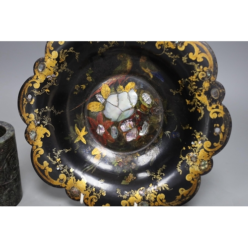 468 - A Chinese soapstone brush pot and a group of netsuke and a papier mache dish, 26cms diameter,