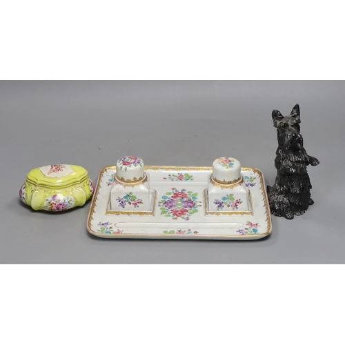 469 - A Samson Paris inkstand and a porcelain box and cover and a porcelain model of a Scots terrier, inks... 