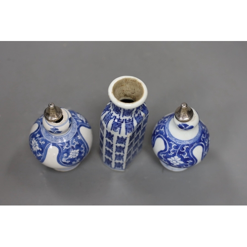 477 - A pair of Chinese Kangxi blue and white rose water sprinklers (cut down) and an unusual 19th century... 