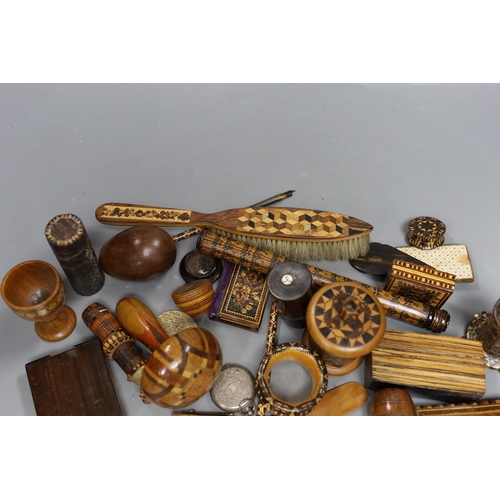 497 - A selection of small Tunbridge ware sewing related items, boxes, letter opener, watch holder, napkin... 