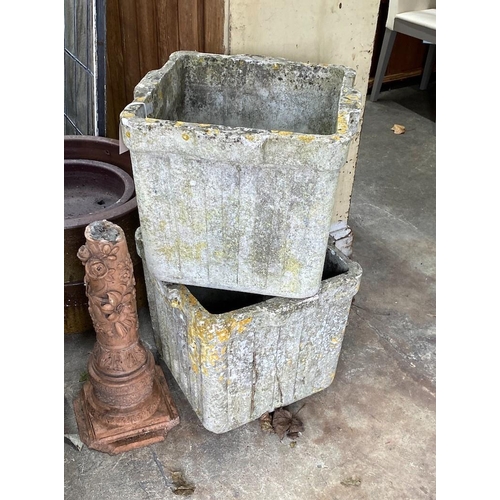 61 - A pair of reconstituted stone square garden planters, width 42cm, height 36cm