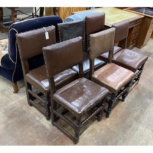 63 - Six Cromwellian style oak and leather dining chairs