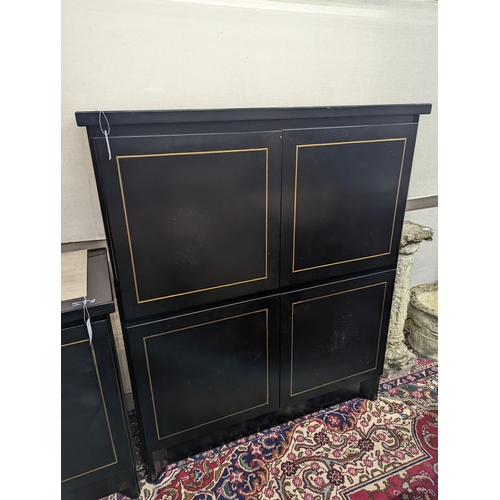 7 - A 20th century black lacquer four door side cabinet, width 115cm, depth 45cm, height 135cm