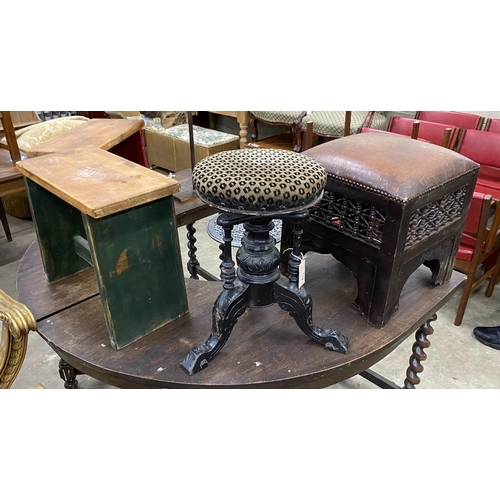 72 - A Damascan footstool with leather seat, a Victorian adjustable piano stool and two painted pine stoo... 