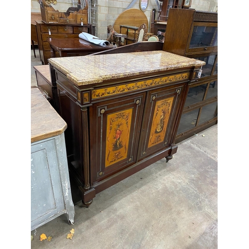 79 - A French painted gilt metal mounted marble top side cabinet, width 118cm, depth 50cm, height 116cm... 