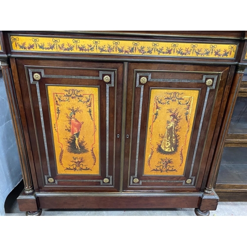 79 - A French painted gilt metal mounted marble top side cabinet, width 118cm, depth 50cm, height 116cm... 