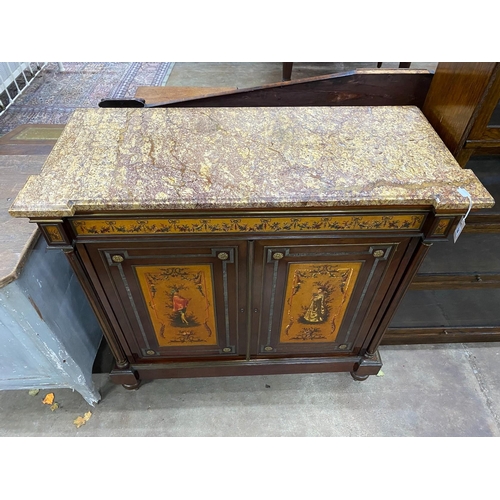 79 - A French painted gilt metal mounted marble top side cabinet, width 118cm, depth 50cm, height 116cm... 