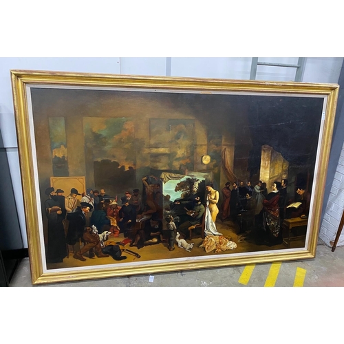 8 - After Gustave Courbet, a large oil on canvas, the painter's studio, 134 x 227cm