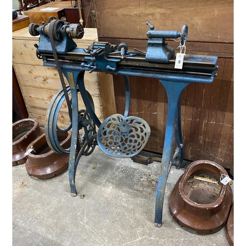 90 - A Myford metalworkers lathe, with a three jaw chuck, width 108cm, height 116cm