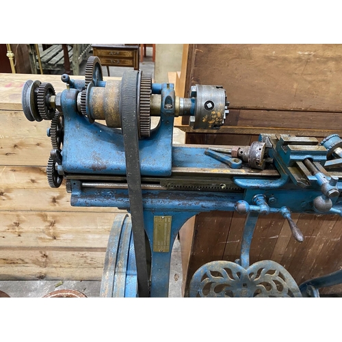 90 - A Myford metalworkers lathe, with a three jaw chuck, width 108cm, height 116cm