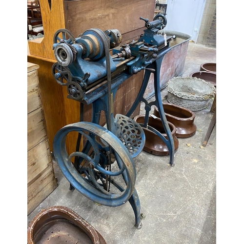 90 - A Myford metalworkers lathe, with a three jaw chuck, width 108cm, height 116cm