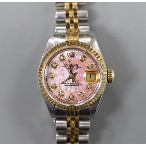 941 - A lady's 2015 steel and gold Rolex Oyster Perpetual Datejust wrist watch, with pink mother of pearl ... 