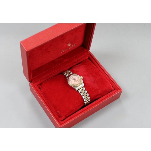 941 - A lady's 2015 steel and gold Rolex Oyster Perpetual Datejust wrist watch, with pink mother of pearl ... 