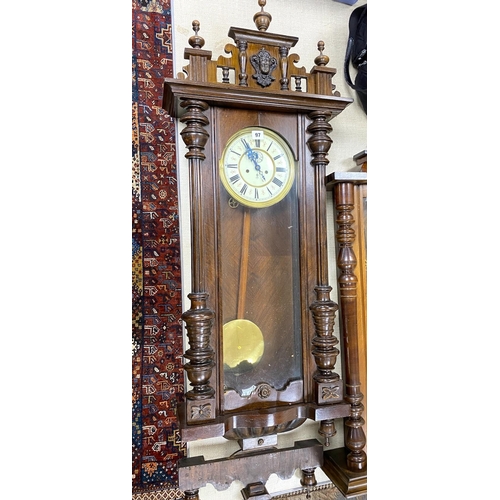 97 - An early 20th century walnut and beech Vienna regulator wall clock, height 118cm