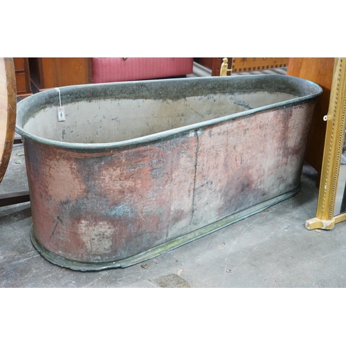 1001 - A 19th century copper bath of tapering form, length 162cm, depth 68cm, height 63cm