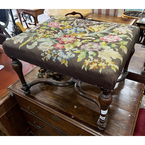 1006 - A William & Mary style walnut stool, with 'X' shaped understretcher, length 65cm, width 53cm, height... 