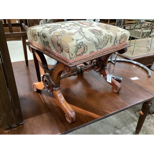 1019 - A Victorian rosewood X framed dressing stool, width 53cm, depth 44cm, height 46cm