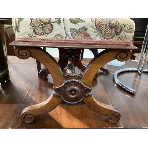 1019 - A Victorian rosewood X framed dressing stool, width 53cm, depth 44cm, height 46cm